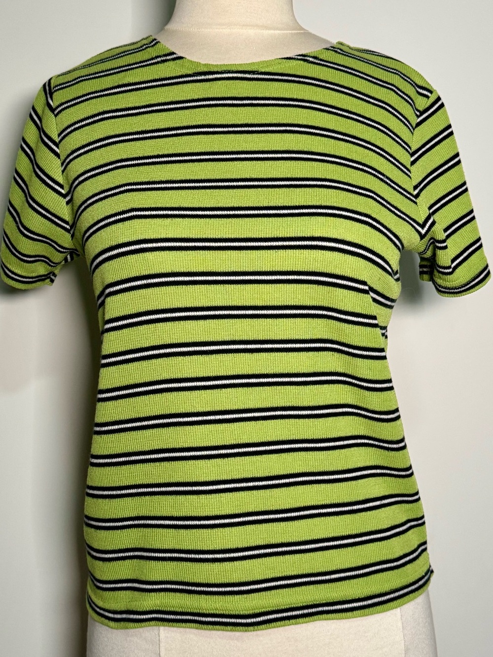 Sag Harbor Green Striped Short Sleeve Knit Top Petite Medium